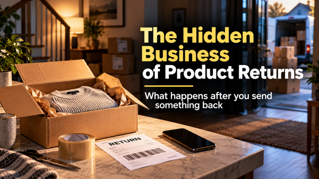 Open cardboard box containing a returned sweater, with a return shipping label and packages illustrating the hidden business of product returns.